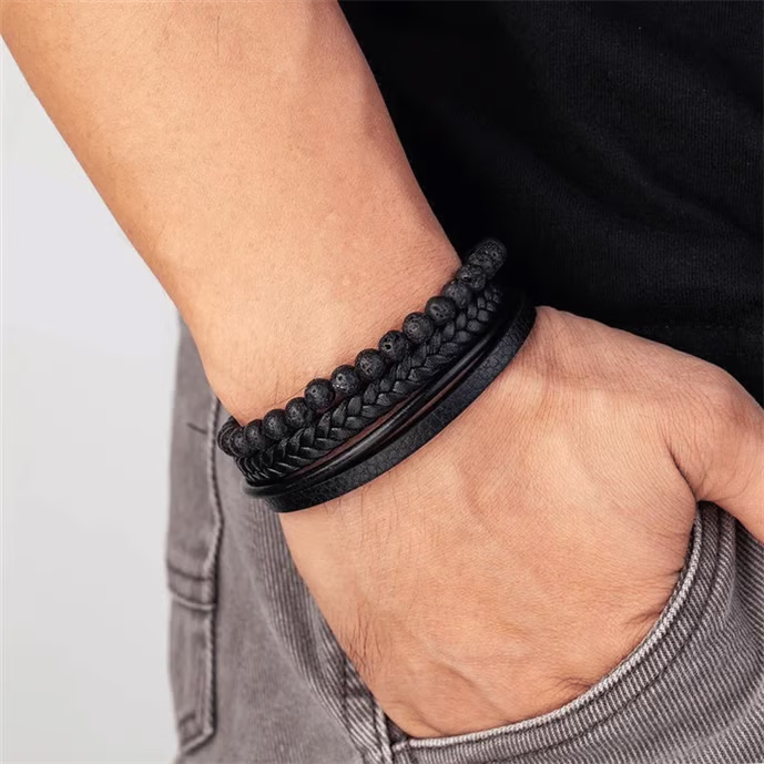 Natural Stone Obsidian Magnetic Buckle Men's Leather Bracelet-3 styles